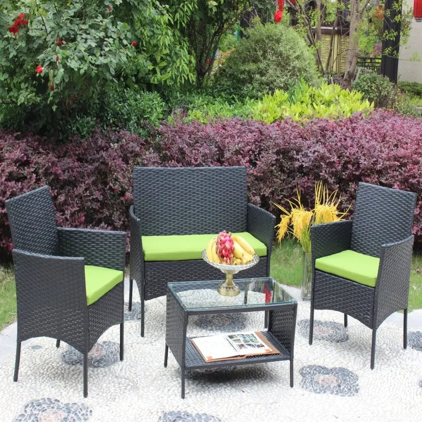 4PC Rattan Patio Set – Outdoor Wicker Sofa with Cushions Prime Mart