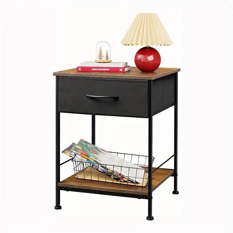 Rustic Black Metal Nightstand with Fabric Drawer TM