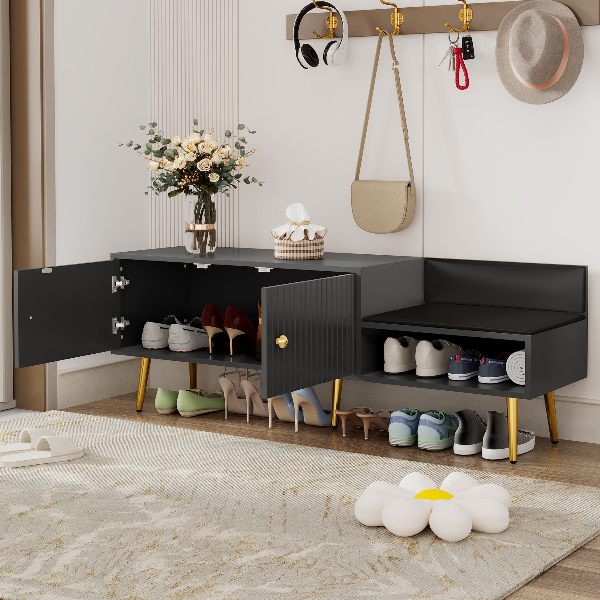 TREXM Modern Shoe Storage Bench with Cushion (Gray)
