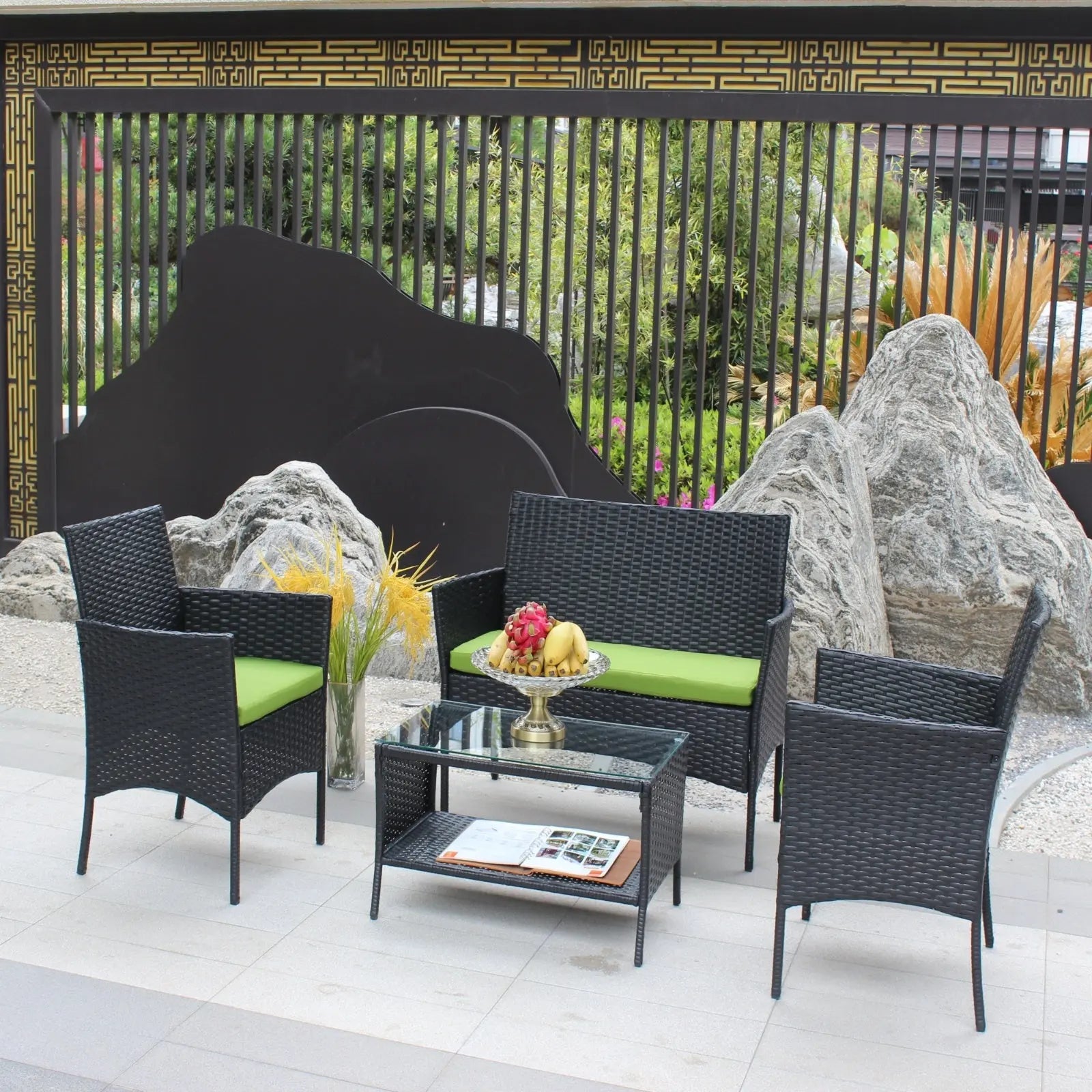 4PC Rattan Patio Set – Outdoor Wicker Sofa with Cushions Prime Mart
