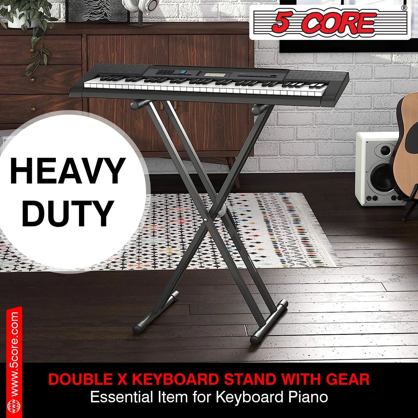 5Core Keyboard Stand Double X Style Adjustable Piano Riser For 49 To 88 Keys + Gear 5 Core