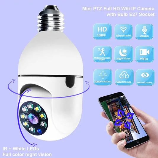 Prime Mart WiFi Bulb Camera 1080P – E27 Smart 5G Security Monitor with 4X Zoom & Alarm Beie