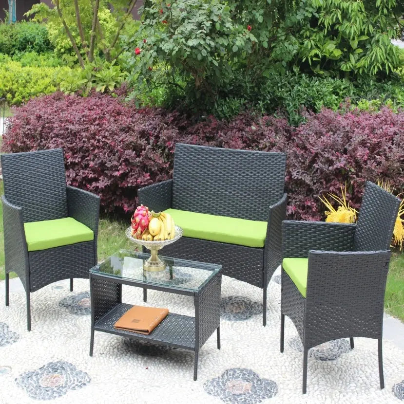 4PC Rattan Patio Set – Outdoor Wicker Sofa with Cushions Prime Mart