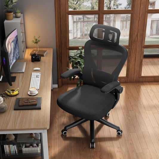 Ergonomic Black Swivel Office Chair – High Back Mesh with Adjustable Headrest