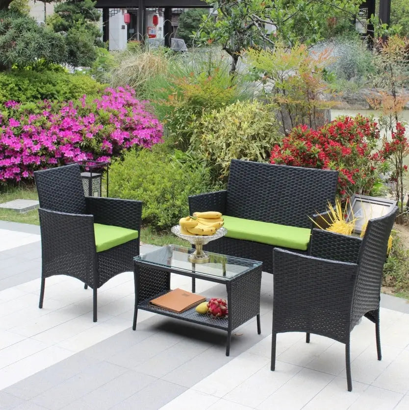 4PC Rattan Patio Set – Outdoor Wicker Sofa with Cushions Prime Mart