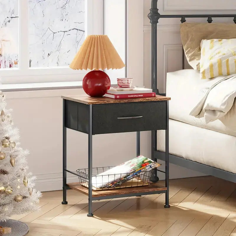 Rustic Black Metal Nightstand with Fabric Drawer TM
