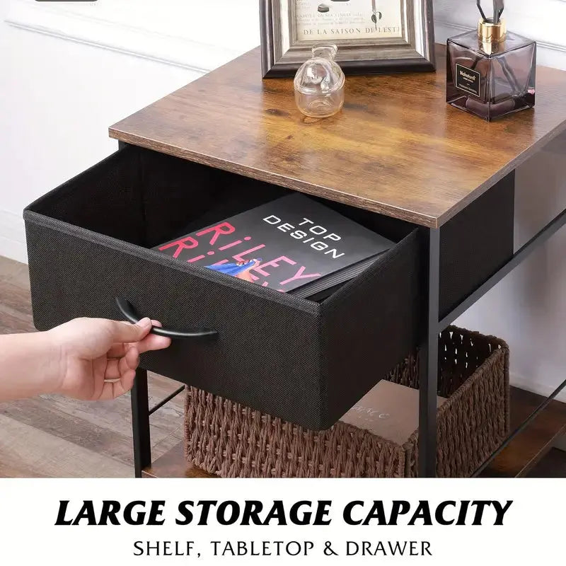 Rustic Black Metal Nightstand with Fabric Drawer TM