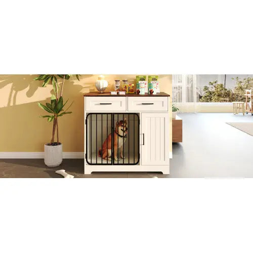 Dog Crate Furniture – Indoor Kennel with Storage, White Prime Mart