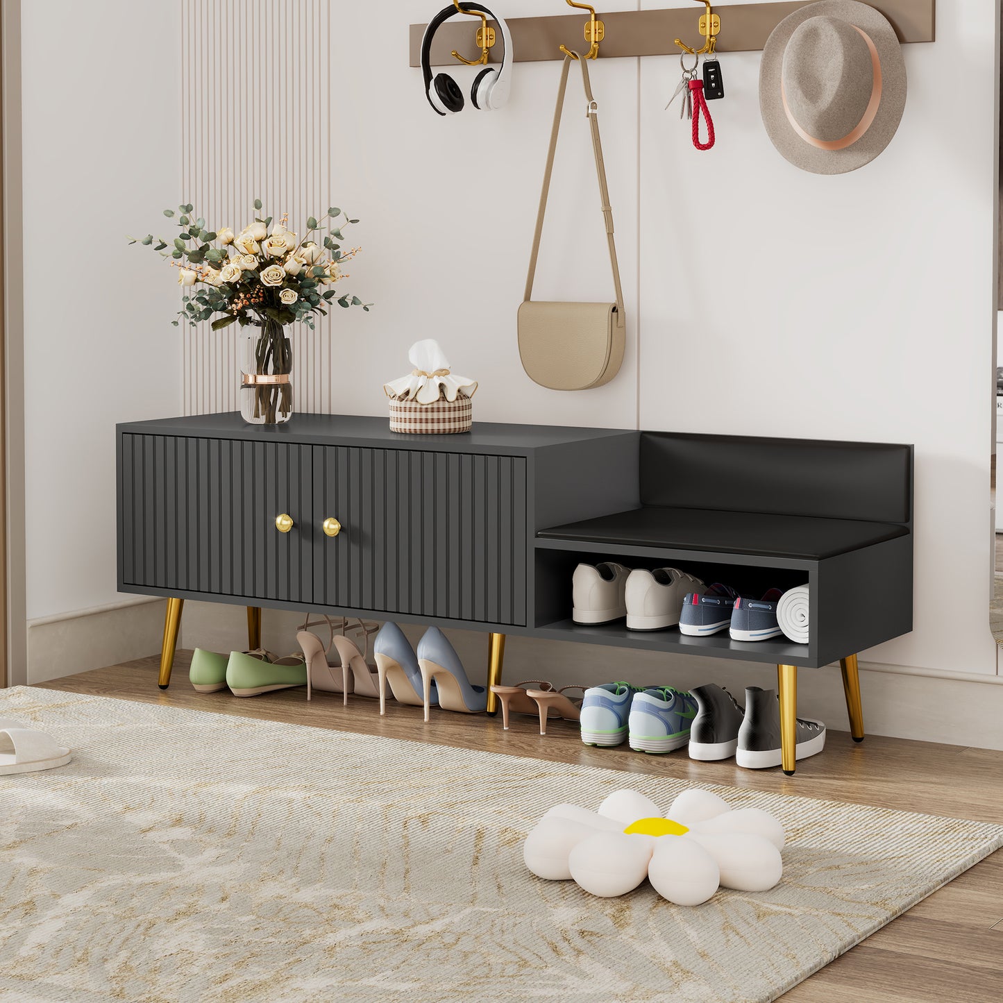 TREXM Modern Shoe Storage Bench with Cushion (Gray)