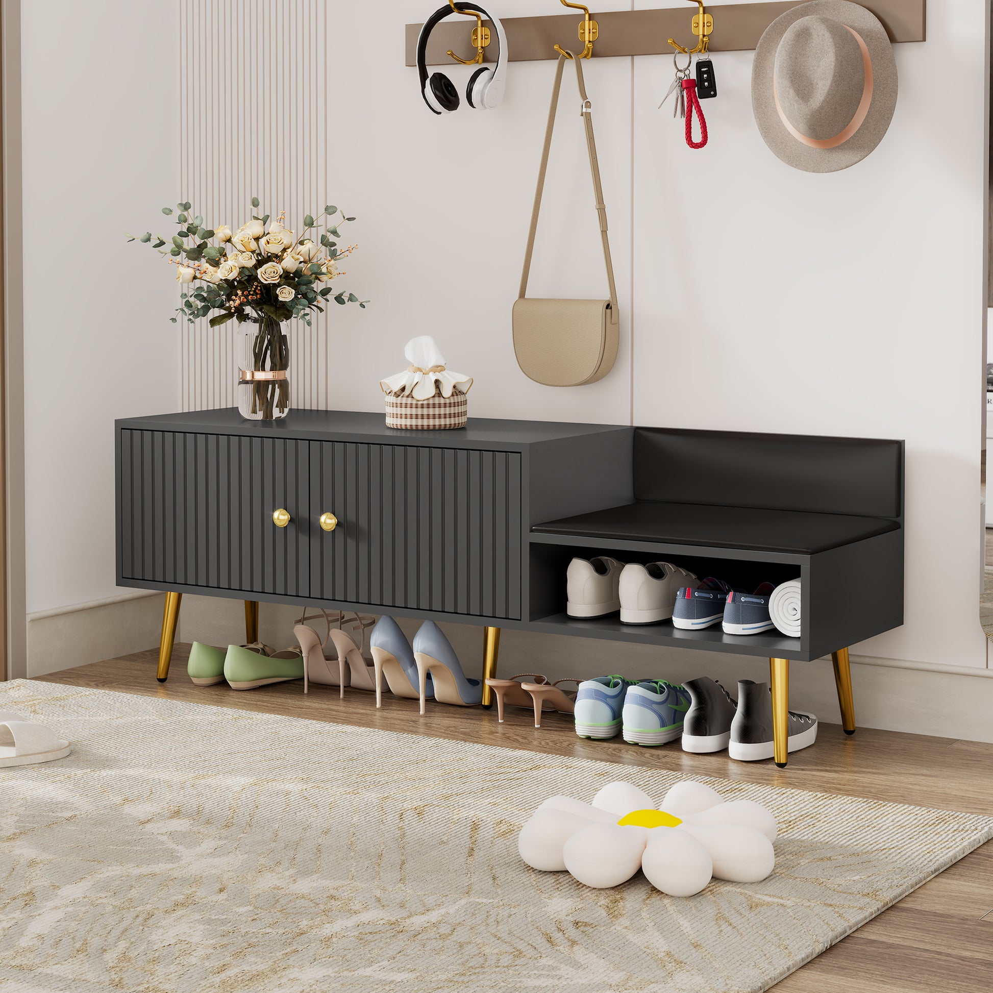 TREXM Modern Shoe Storage Bench with Cushion (Gray)