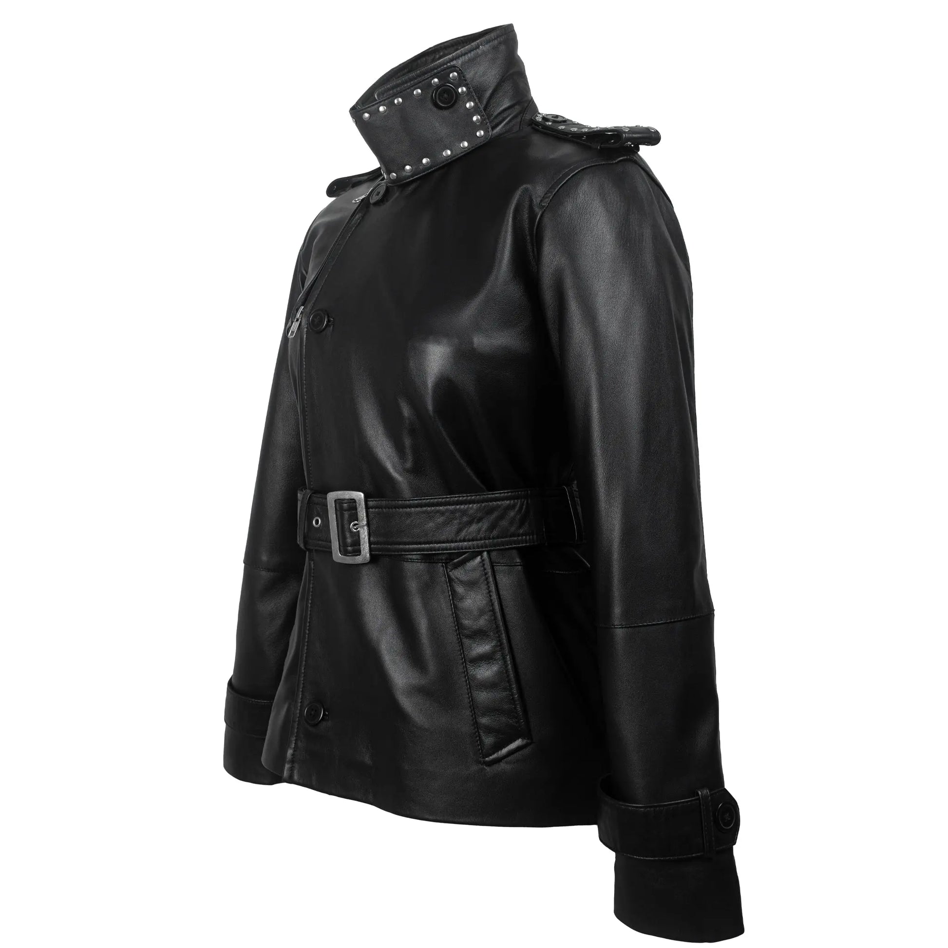 Black Studded Leather Trench Jacket Levante Hub