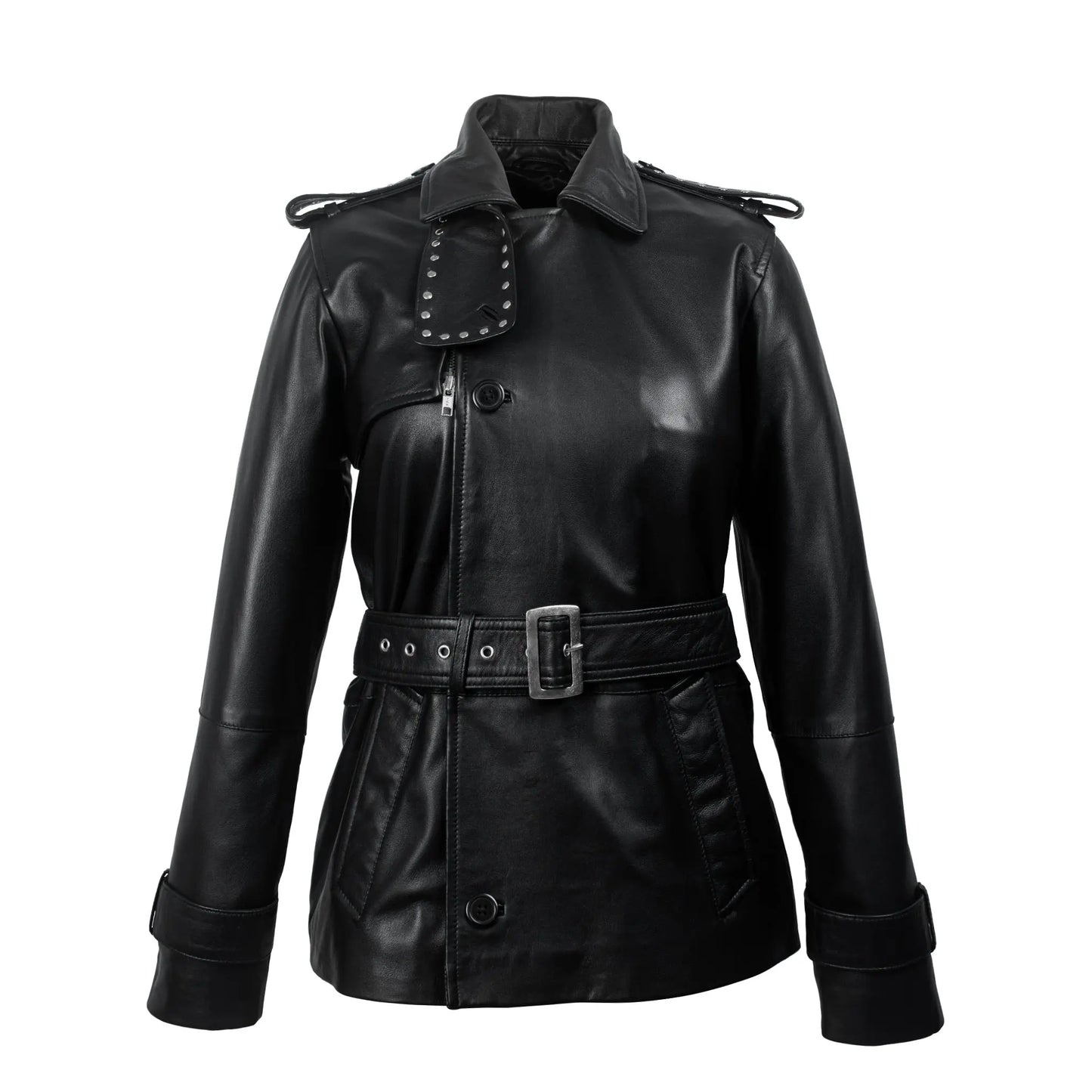 Black Studded Leather Trench Jacket Levante Hub