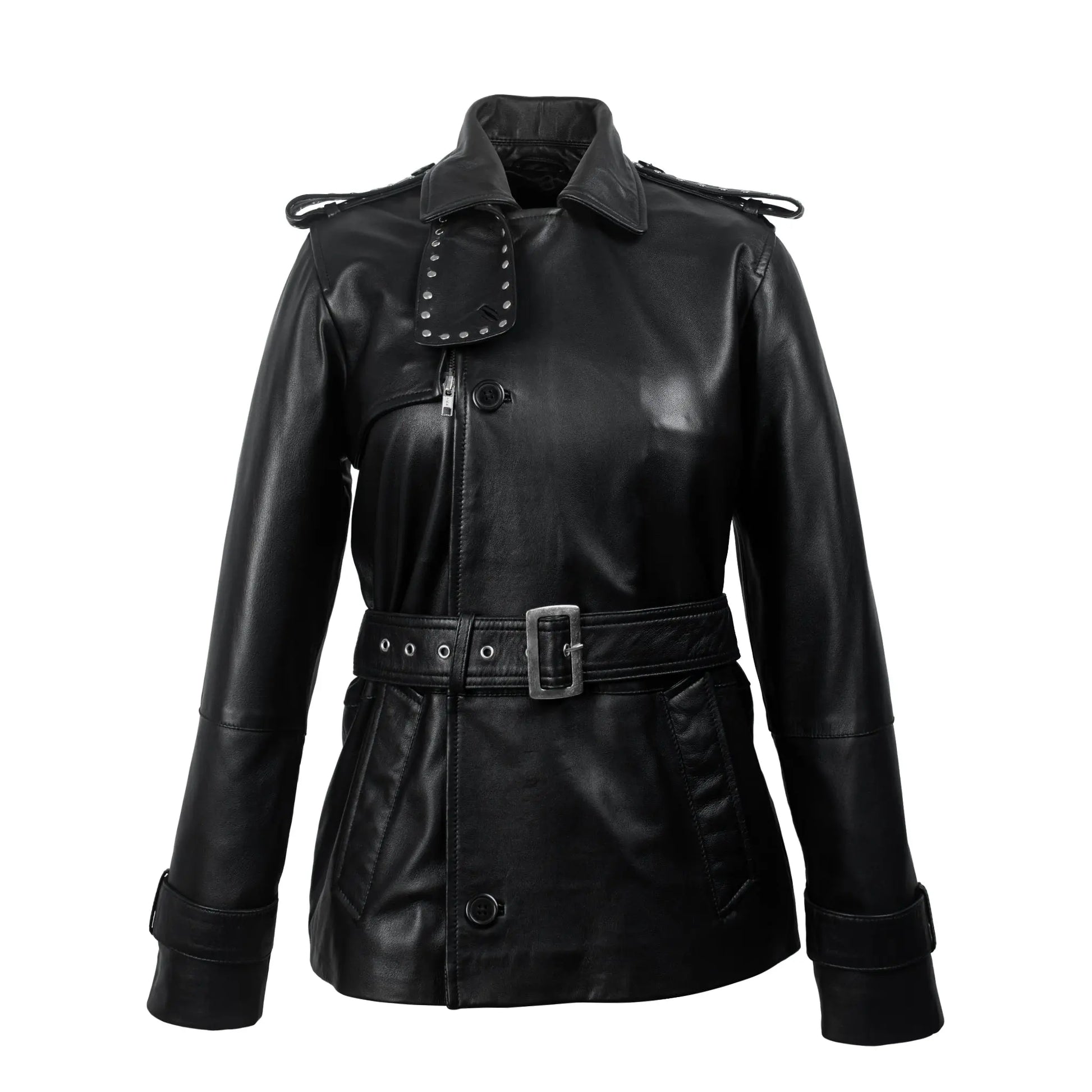 Black Studded Leather Trench Jacket Levante Hub