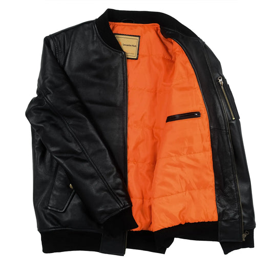 Black Classic Sheep Leather Bomber Jacket Levante Hub
