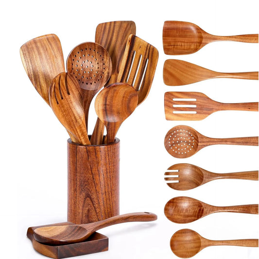 Acacia Wood Spatula 7-piece Wooden Kitchenware Suit Teak Wood Spatula Salad Spoon Mixing Spoon Noodle Spoon Colander Prime Mart