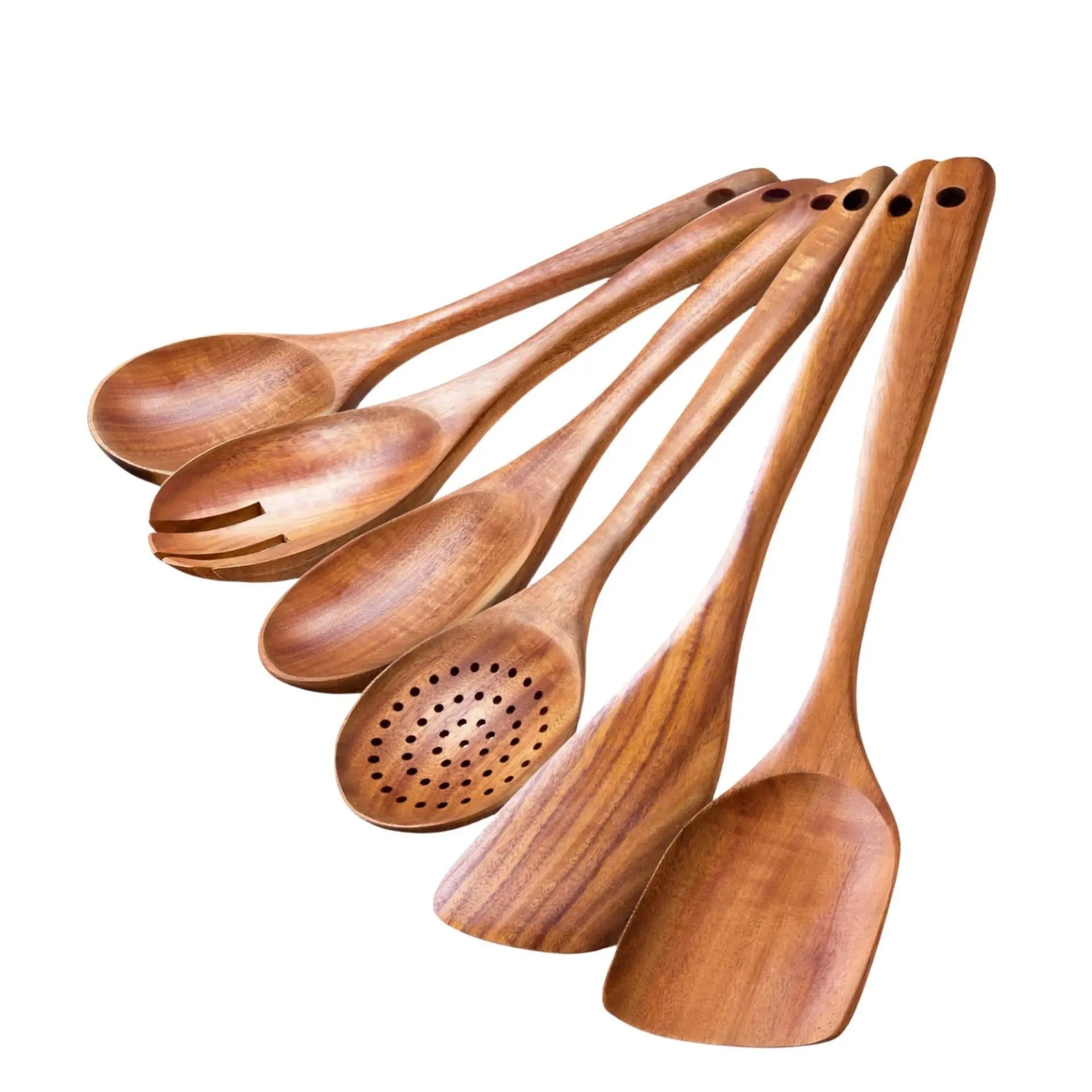 Acacia Wood Spatula 7-piece Wooden Kitchenware Suit Teak Wood Spatula Salad Spoon Mixing Spoon Noodle Spoon Colander Prime Mart