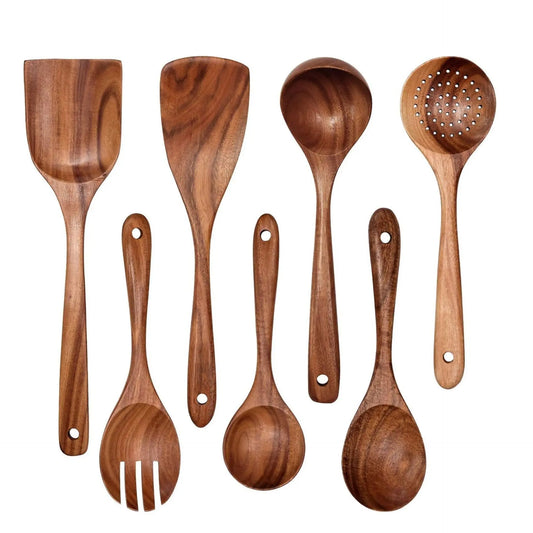 Acacia Wood Spatula 7-piece Wooden Kitchenware Suit Teak Wood Spatula Salad Spoon Mixing Spoon Noodle Spoon Colander Prime Mart