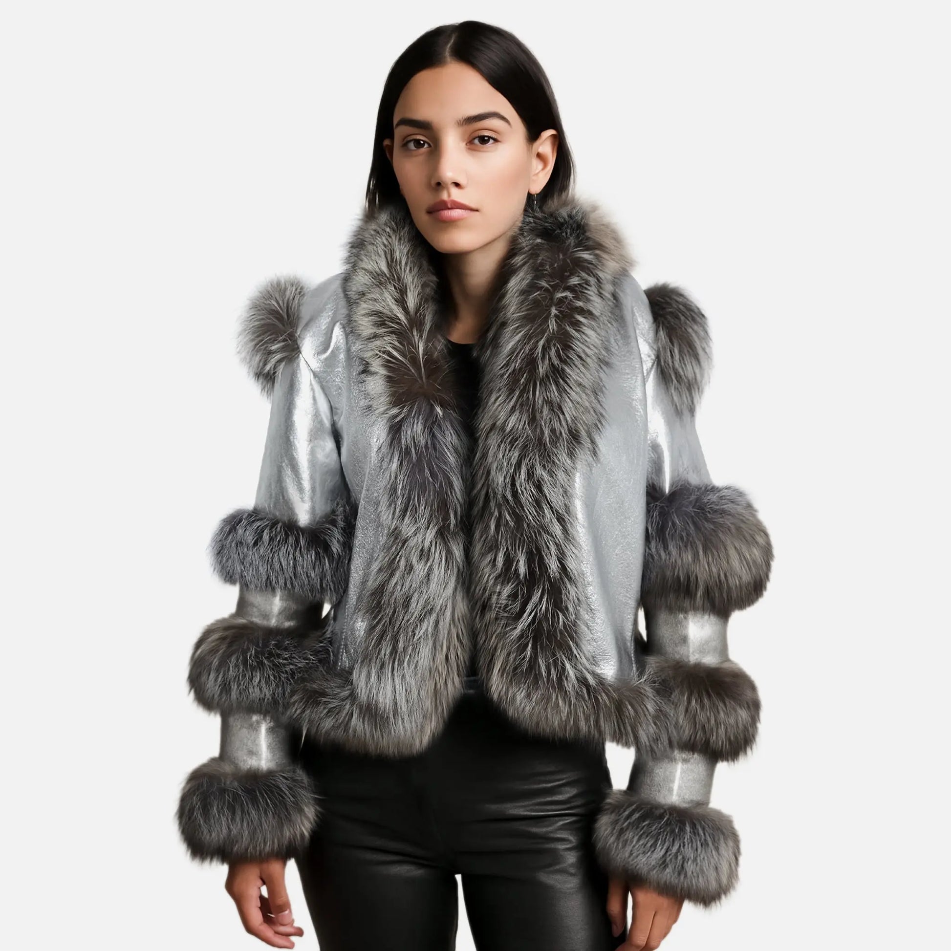 Aurora Luxe Metallic Silver Sheep Leather Jacket Levante Hub