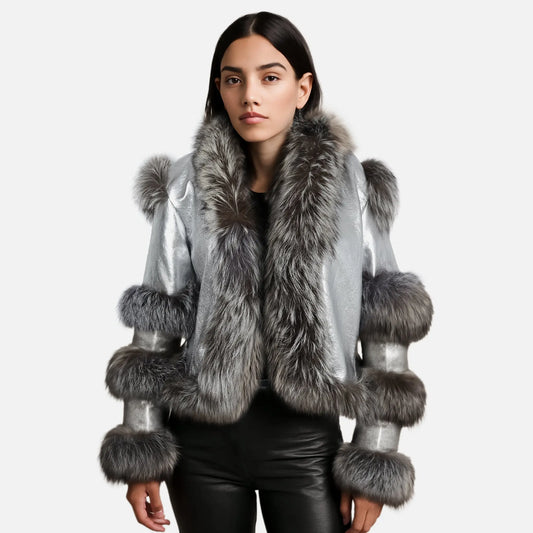 Aurora Luxe Metallic Silver Sheep Leather Jacket Levante Hub