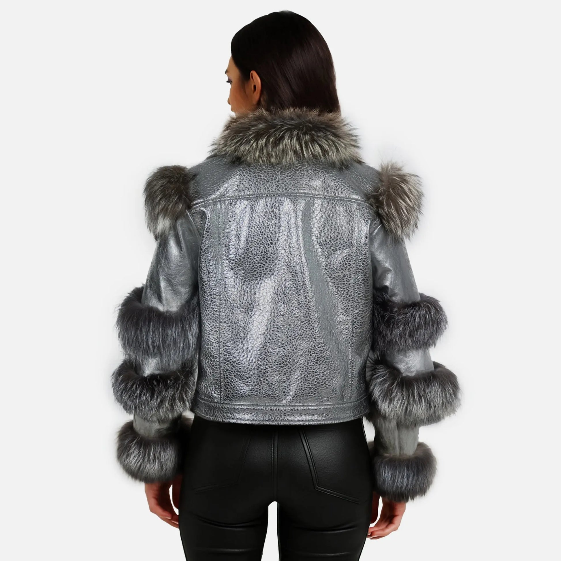 Aurora Luxe Metallic Silver Sheep Leather Jacket Levante Hub