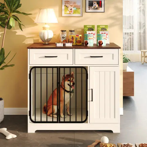 Dog Crate Furniture – Indoor Kennel with Storage, White Prime Mart