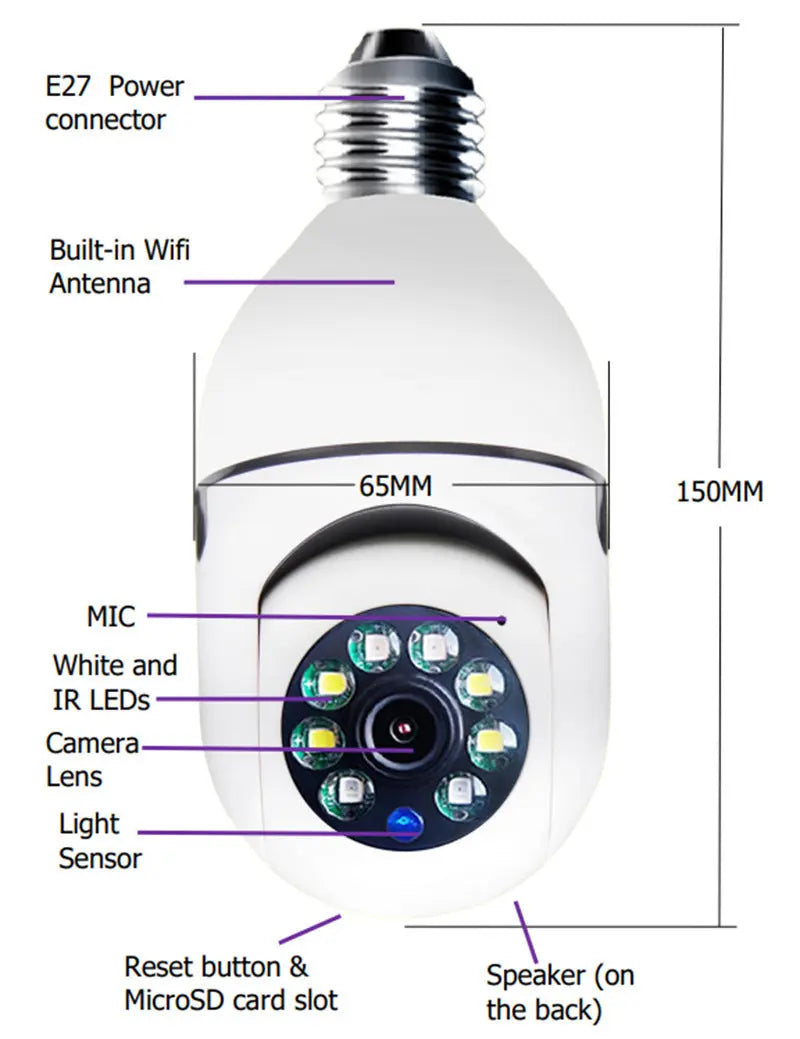 Prime Mart WiFi Bulb Camera 1080P – E27 Smart 5G Security Monitor with 4X Zoom & Alarm Beie