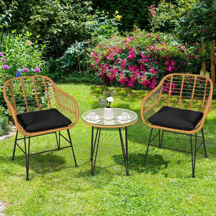 3-Piece Rattan Furniture Set – Cushioned Chair & Table Prime Mart