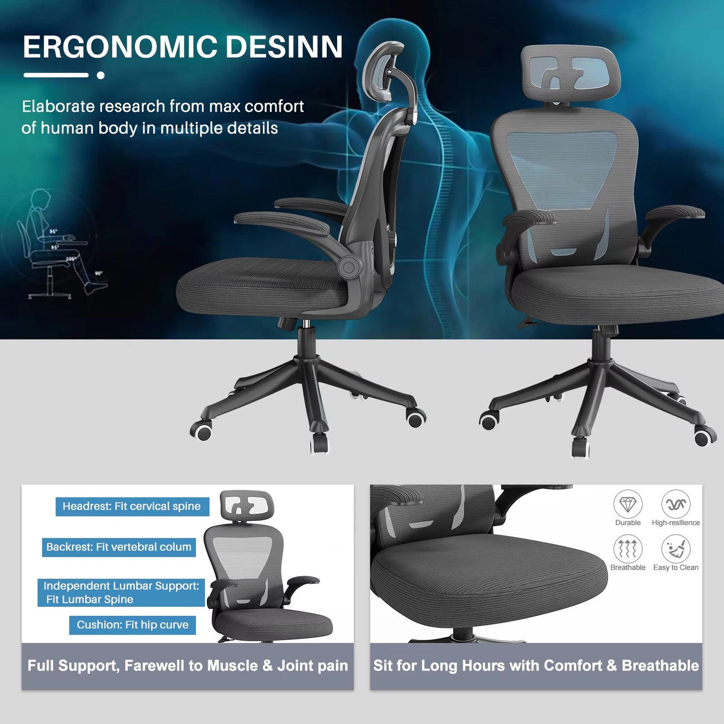Ergonomic Black Swivel Office Chair – High Back Mesh with Adjustable Headrest