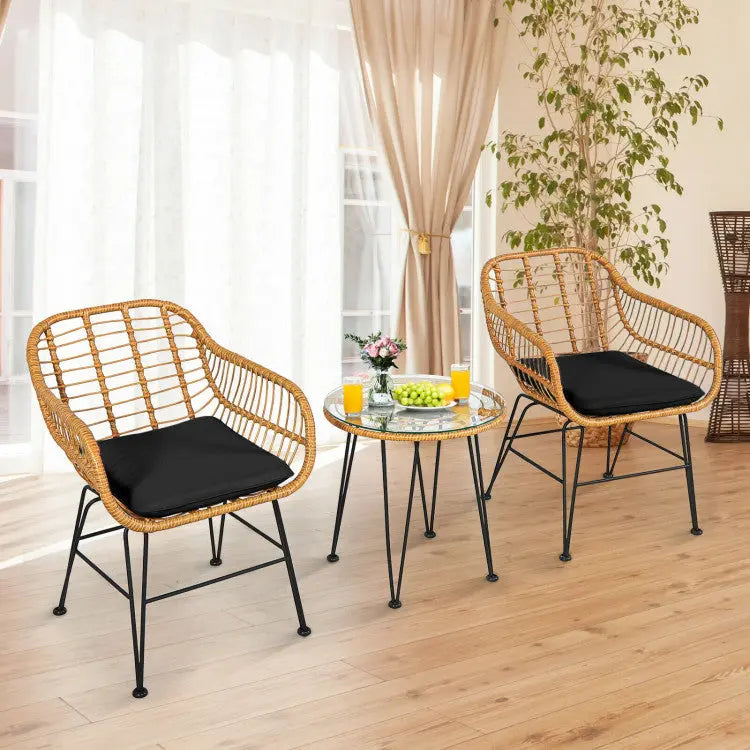 3-Piece Rattan Furniture Set – Cushioned Chair & Table Prime Mart