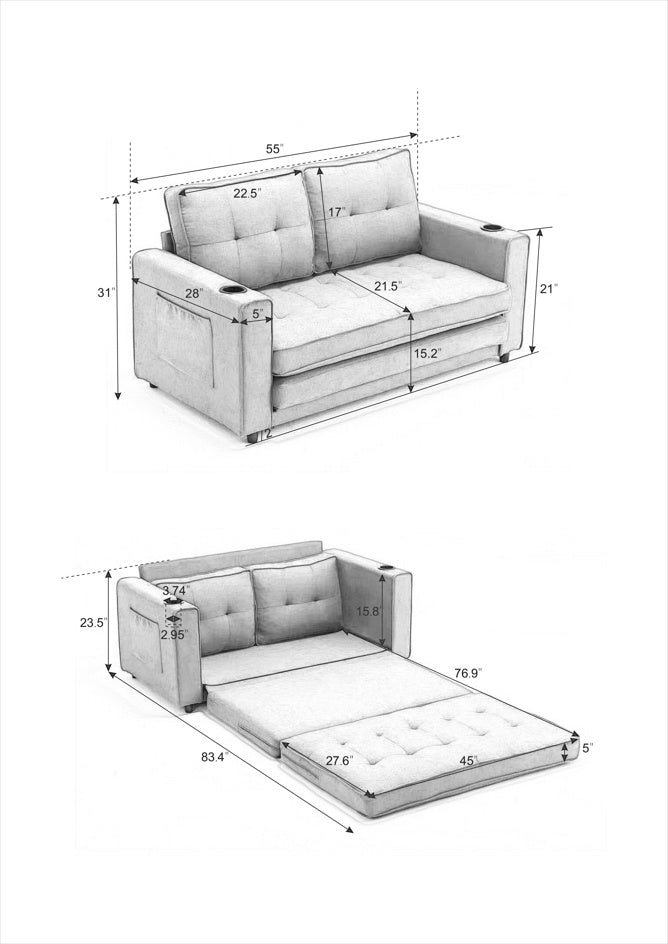 3-in-1 Upholstered Futon – Foldable Convertible Sofa Bed with Pull-Out Sleeper