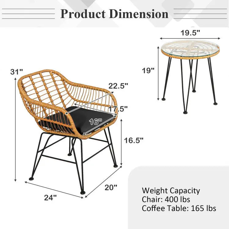 3-Piece Rattan Furniture Set – Cushioned Chair & Table Prime Mart