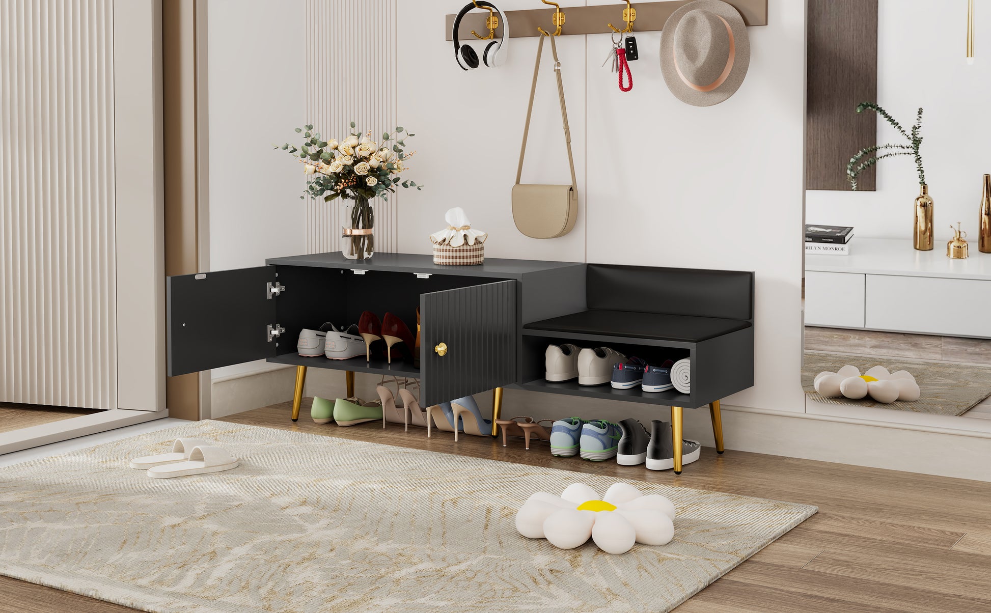 TREXM Modern Shoe Storage Bench with Cushion (Gray)