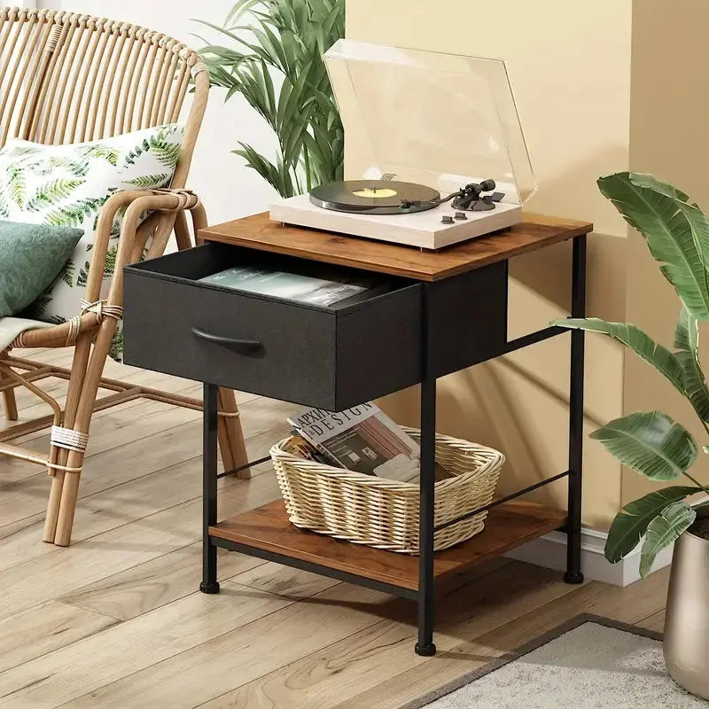 Rustic Black Metal Nightstand with Fabric Drawer TM