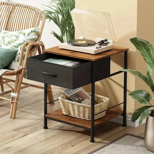 Rustic Black Metal Nightstand with Fabric Drawer TM