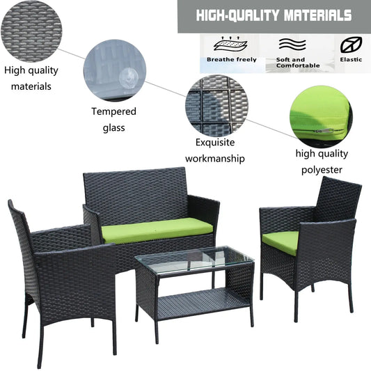 4PC Rattan Patio Set – Outdoor Wicker Sofa with Cushions Prime Mart