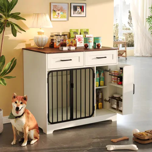 Dog Crate Furniture – Indoor Kennel with Storage, White Prime Mart